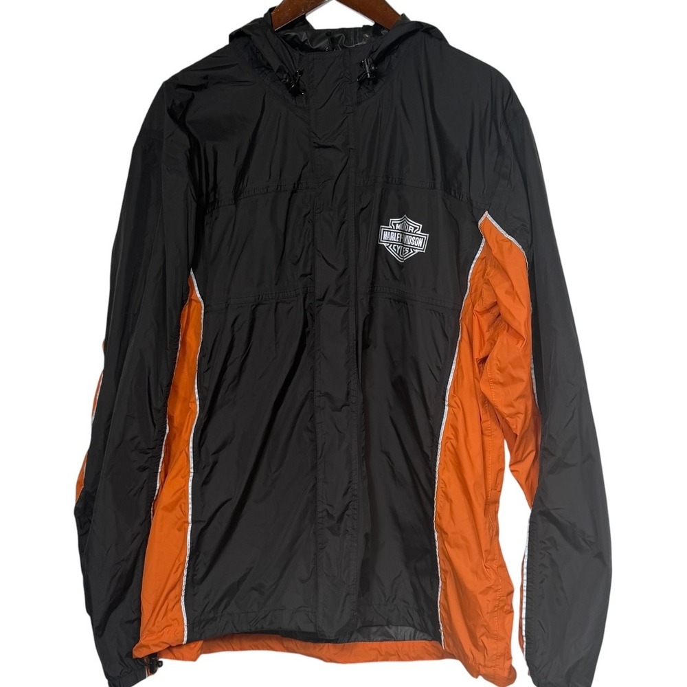 Harley-Davidson Mens Black Orange Reflective Nylon Windbreaker Jacket Large